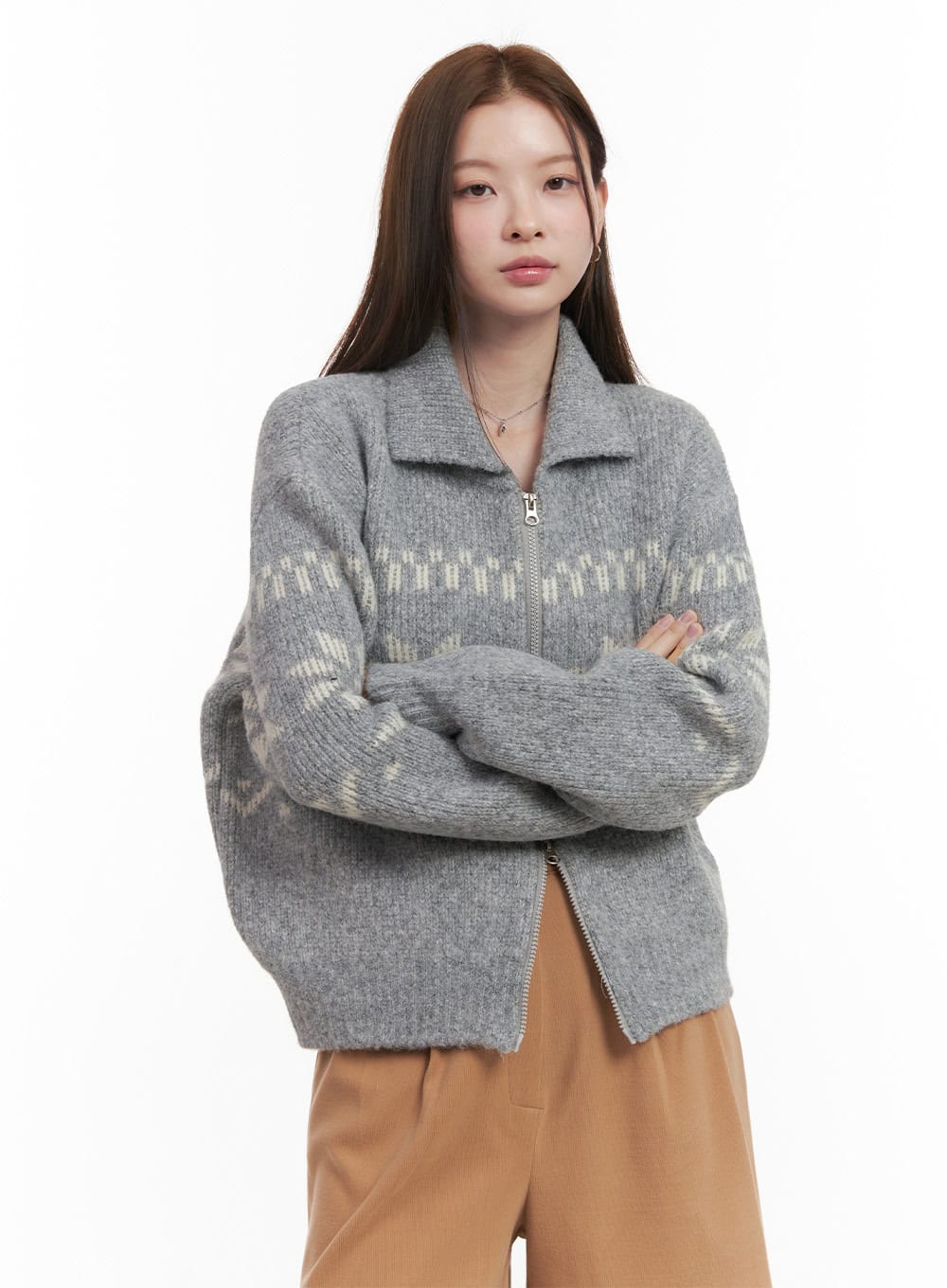 cozy-zip-up-nordic-printed-cardigan-od418 / Gray