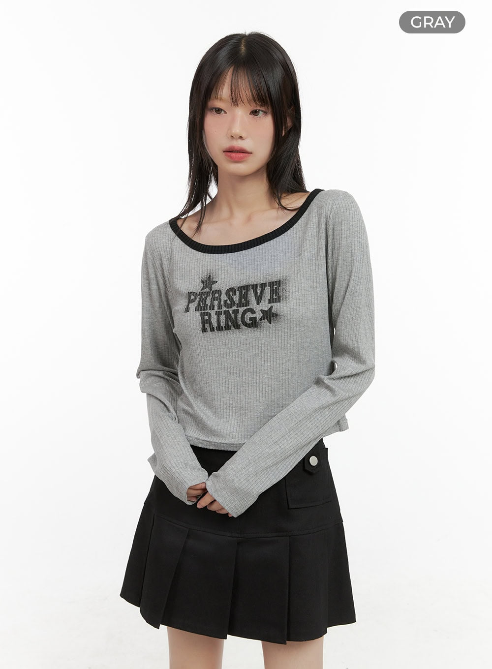 boat-neck-lettering-crop-top-cg427 / Gray