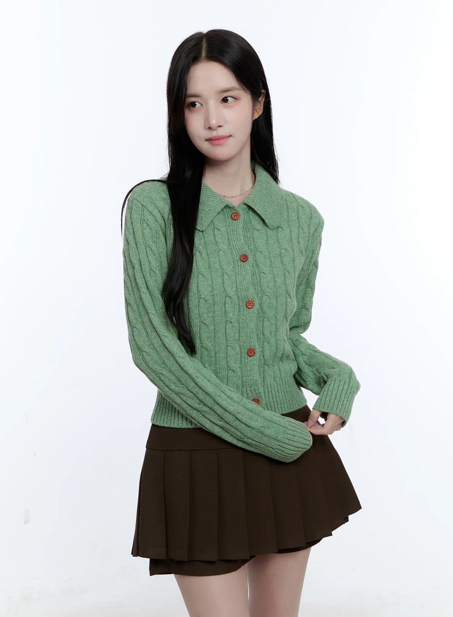 button-up-collared-cable-knit-cardigan-cg514 / Green