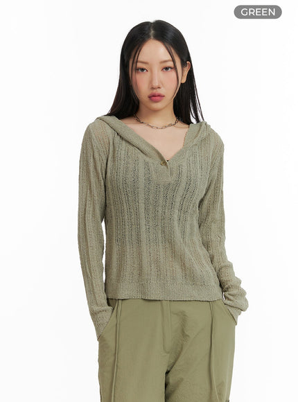 shawl-collar-sheer-knit-top-cm422 / Green