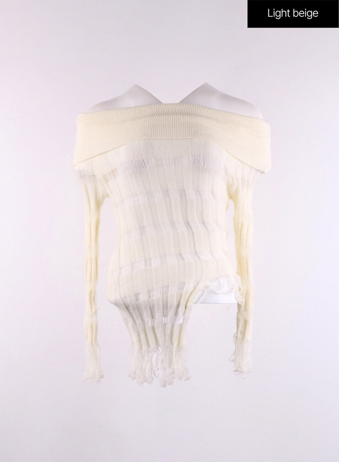 striped-ripped-knit-long-sleeve-top-cf406 / Light beige