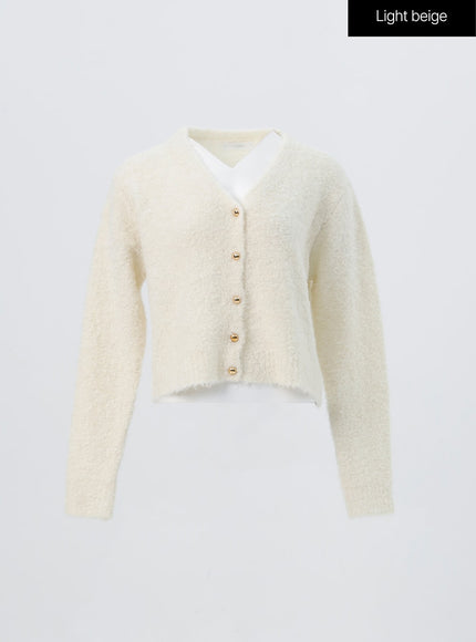 fuzzy-v-neck-cardigan-os326 / Light beige
