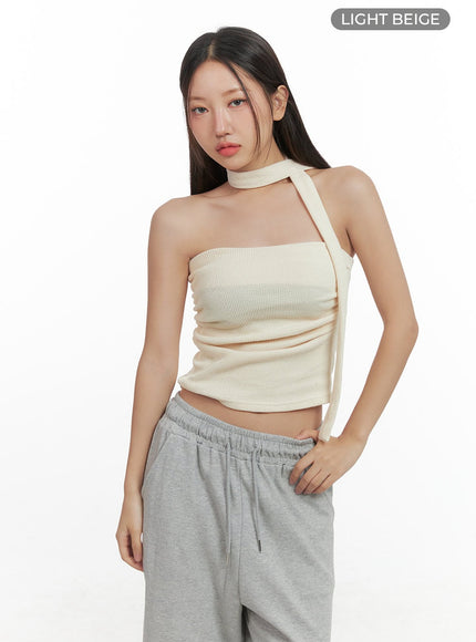shirred-solid-tube-crop-top-and-scarf-set-co404 / Light beige