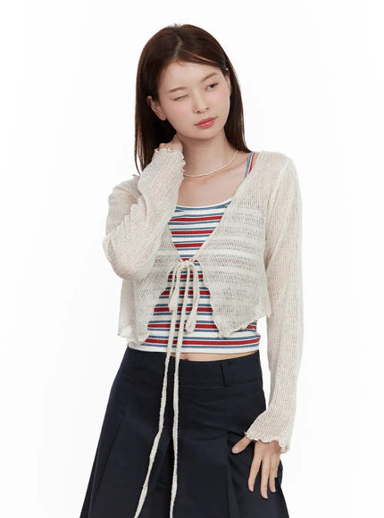 mesh-ribbon-tie-bolero-cardigan / Light beige