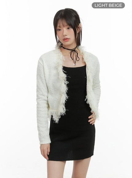 tassel-accent-cropped-cardigan-cs412 / Light beige
