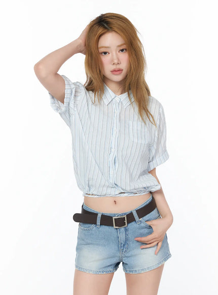 Striped Tie-Front Short Sleeve Shirt CY505