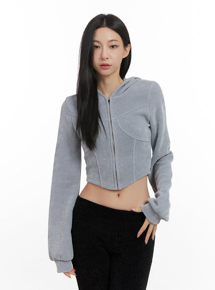 velvety-zip-up-cropped-hoodie-cn426 / Light gray