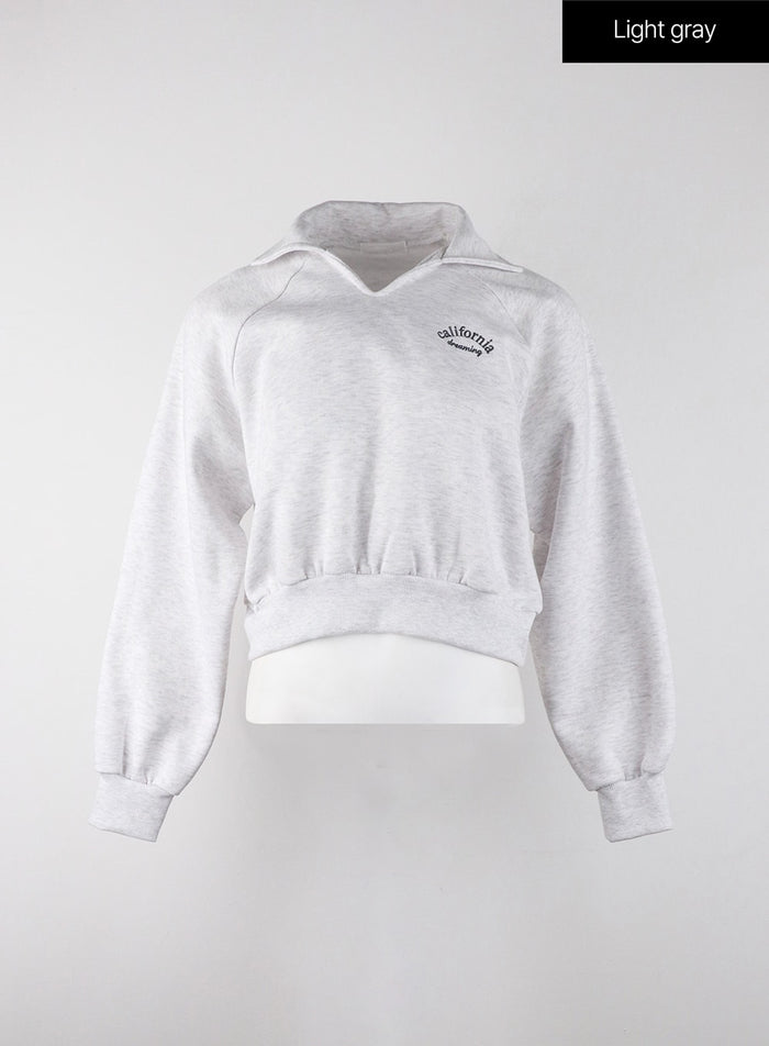 california-graphic-lettering-solid-collar-cropped-sweatshirt-oj302 / Light gray