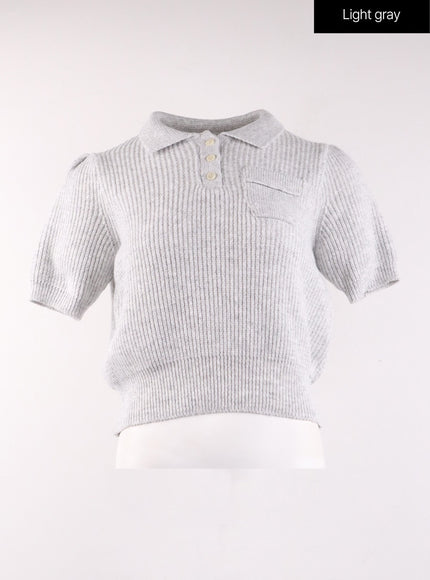 collar-short-sleeve-knit-sweater-of406 / Light gray