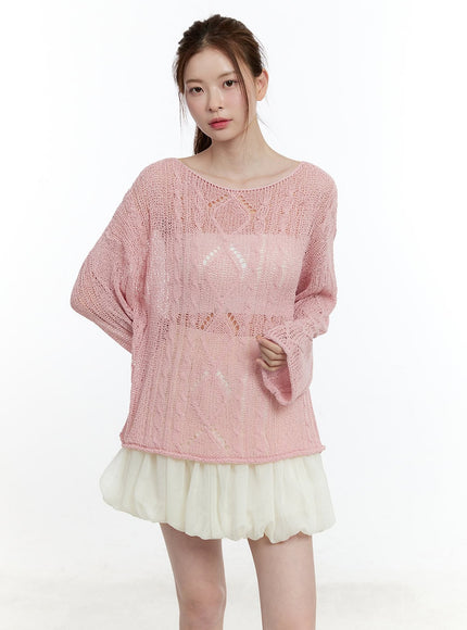 cable-knit-sheer-loose-fit-sweater-cm521 / Light pink