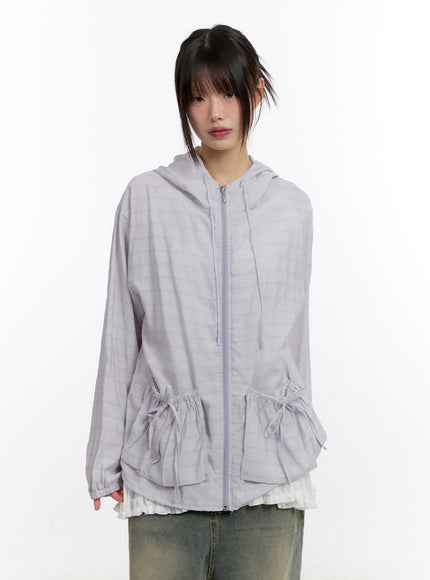ribbon-pocket-checkered-hooded-jacket-ca508 / Light purple