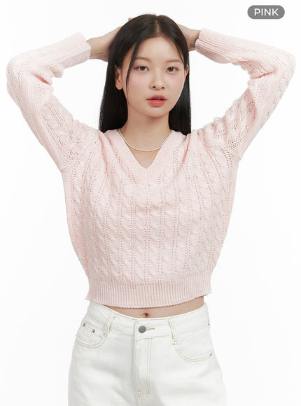 oversized-v-neck-knit-crop-sweater-os411 / Pink