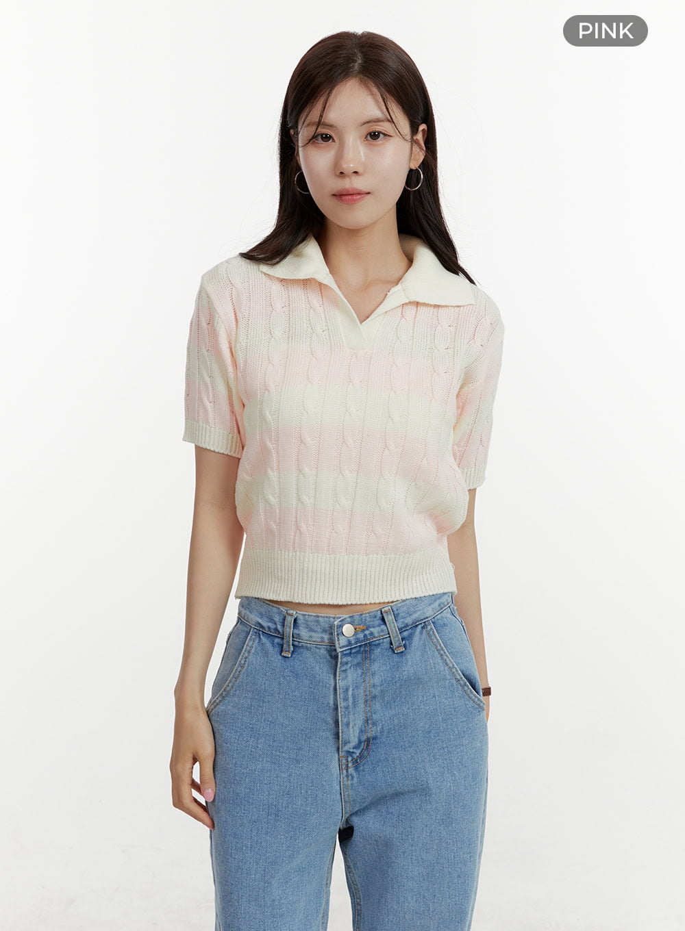 collar-stripe-cable-knit-top-oy409 / Pink