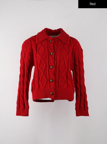 wool-blend-cable-knit-collar-solid-button-cardigan-ij302 / Red