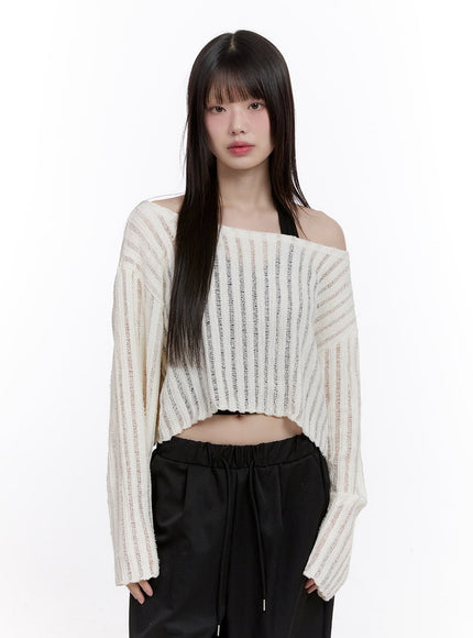 sheer-one-shoulder-crop-sweater-cf511 / White