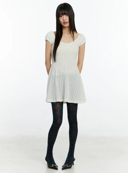pointelle-puff-sleeve-flare-mini-dress-cf509 / White