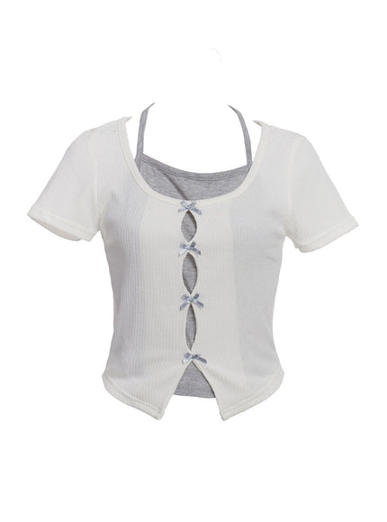 ribbon-layered-short-sleeve-cardigan-cu520 / White