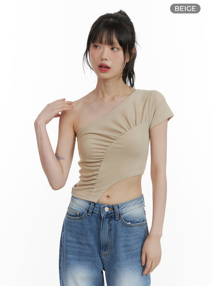 one-shoulder-shirred-crop-top-cu410 / Beige