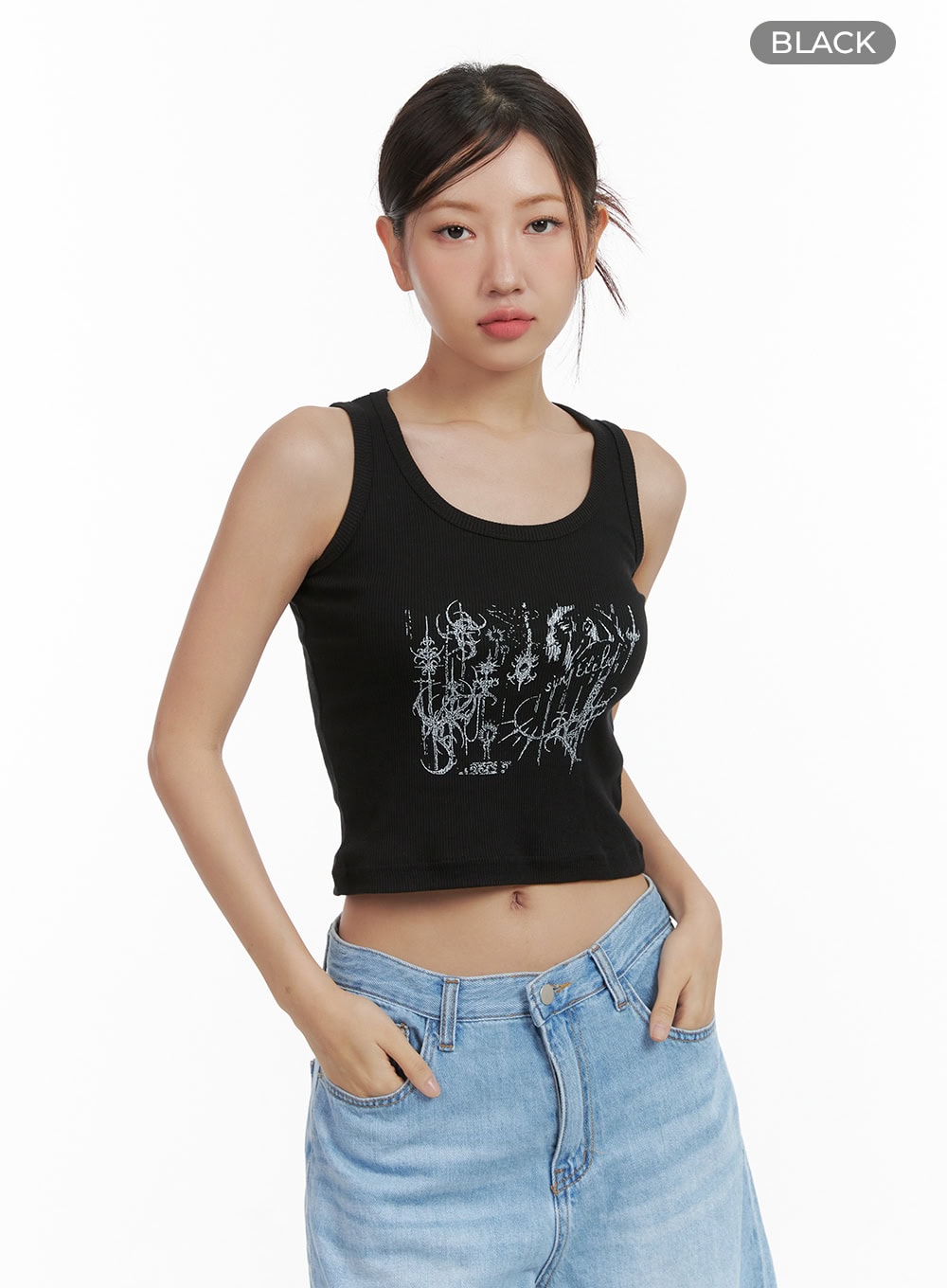 graphic-cotton-tank-crop-top-cl418 / Black