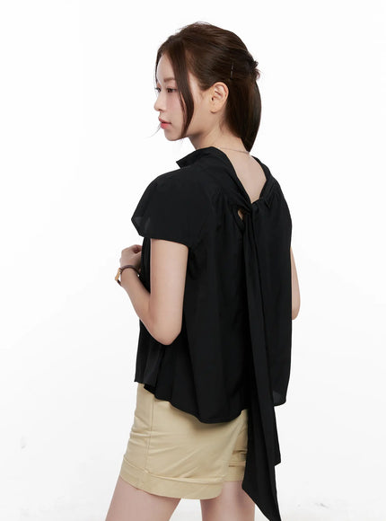 shirred-ribbon-short-sleeve-blouse-cl523 / Black