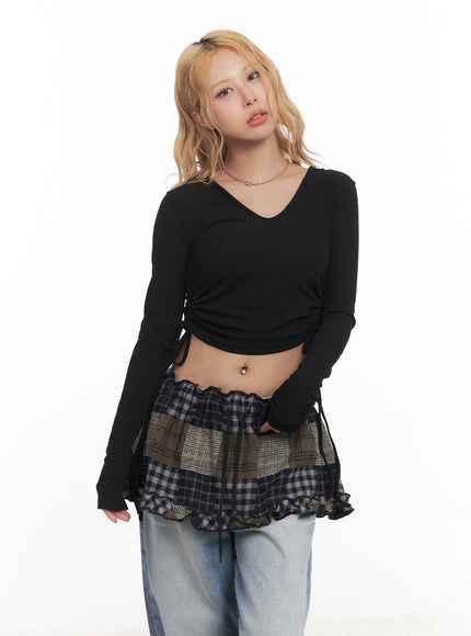 Shirred Ribbon Long-Sleeve Hooded Crop Top CM505