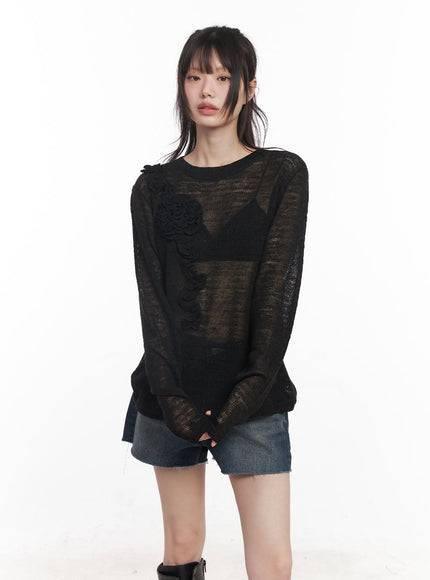 sheer-loose-fit-flower-sweater-cy520 / Black
