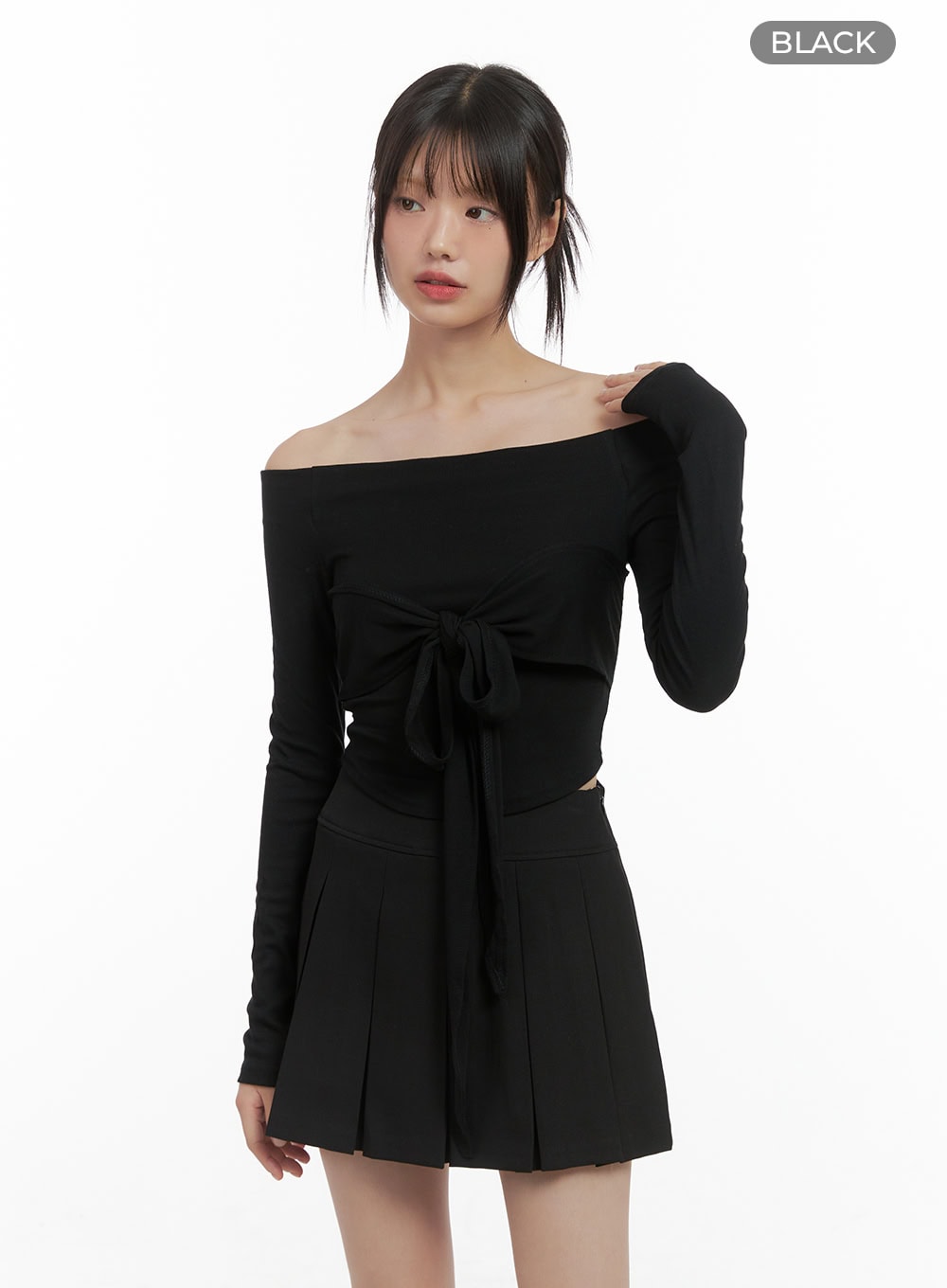 ribbon-tie-off-shoulder-crop-top-cs412 / Black