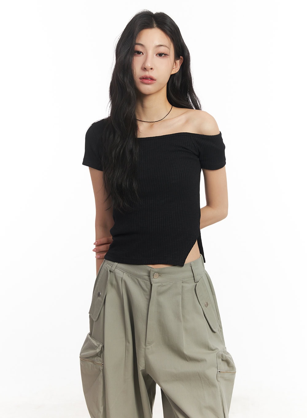 cotton-one-shoulder-crop-top-ca504 / Black