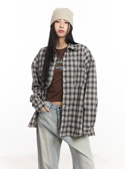 oversized-plaid-print-button-down-shirt-ca514 / Black