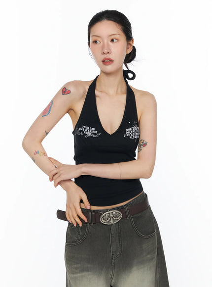 studded-lettering-halter-top-ca520 / Black