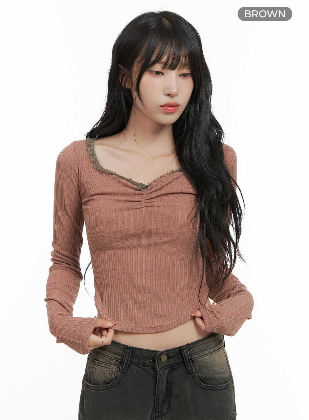 wide-neck-ribbed-lace-slim-crop-top-cg421 / Brown