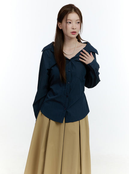 ribbon-tie-collared-button-up-cf503 / Dark blue