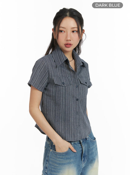 striped-button-up-short-sleeve-cm425 / Dark blue