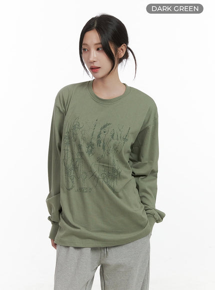 chic-graphic-print-cotton-long-sleeve-tee-co402 / Dark green