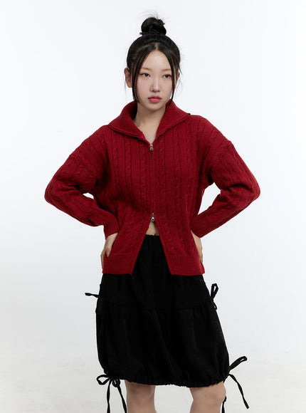 cable-knit-zip-up-cardigan-cd420 / Dark red