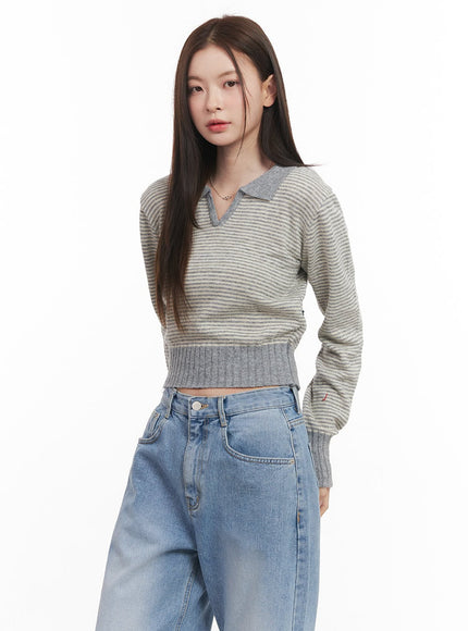 Cashmere-Blend Collared Stripe Crop Sweater CM512