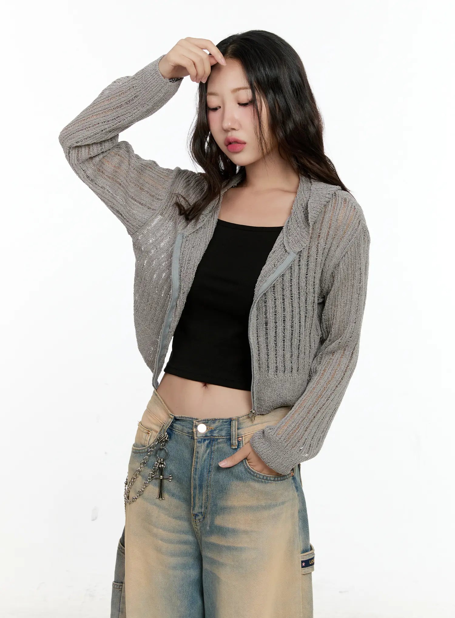 summer-knit-cropped-zip-up-cg501 / Gray