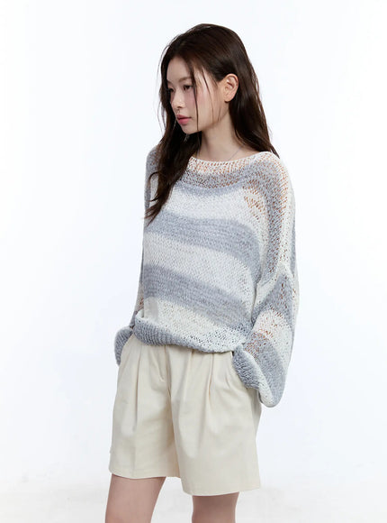sheer-striped-loose-fit-sweater-cu513 / Gray