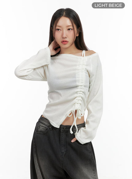 shirred-one-shoulder-top-co417 / Light beige