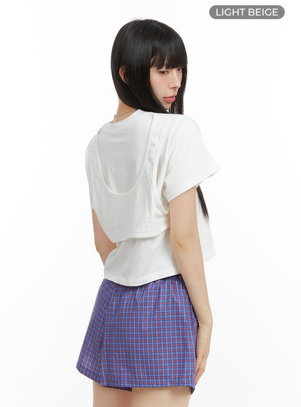 layered-back-short-sleeve-crop-shirt-cg409 / Light beige