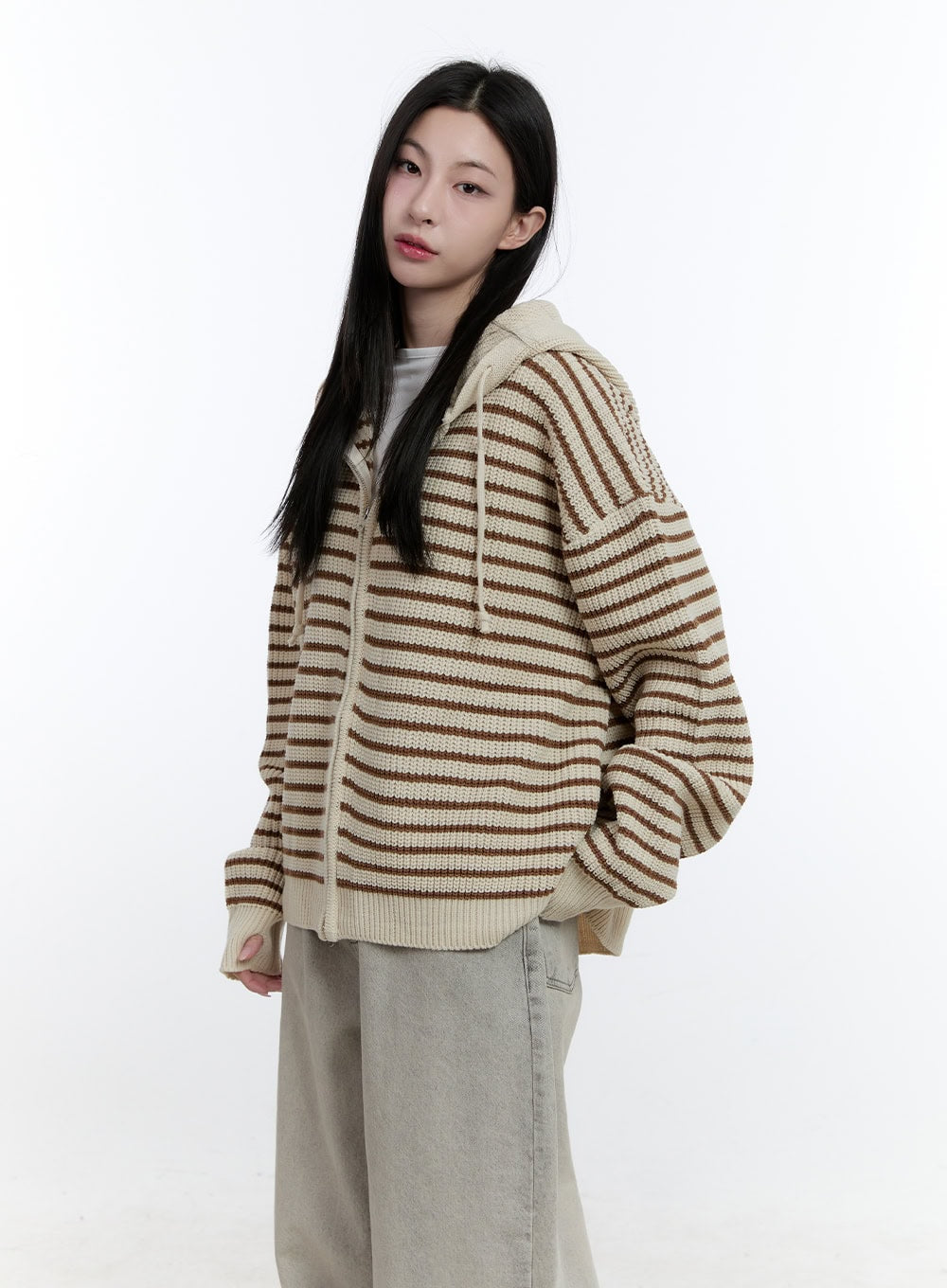 Striped Zip-Up Hooded Knit Jacket CJ520