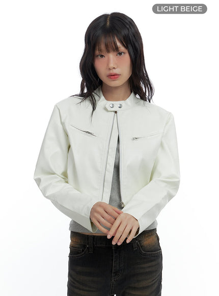 sleek-zip-up-leather-rider-jacket-cs420 / Light beige