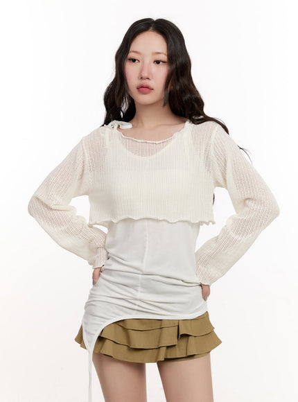 Sheer Knit Long-Sleeve Crop Top CM510