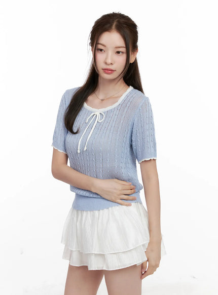 contrast-trim-ribbon-knit-shirt-cl523 / Light blue