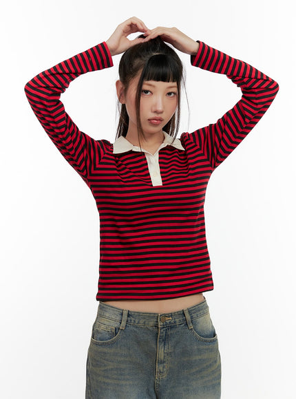 stripe-buttoned-cotton-crop-top-cn405 / Red