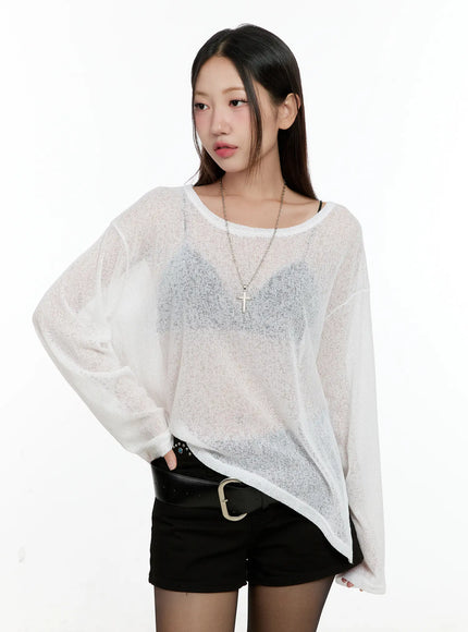 off-shoulder-sheer-long-sleeve-top-cg501 / White