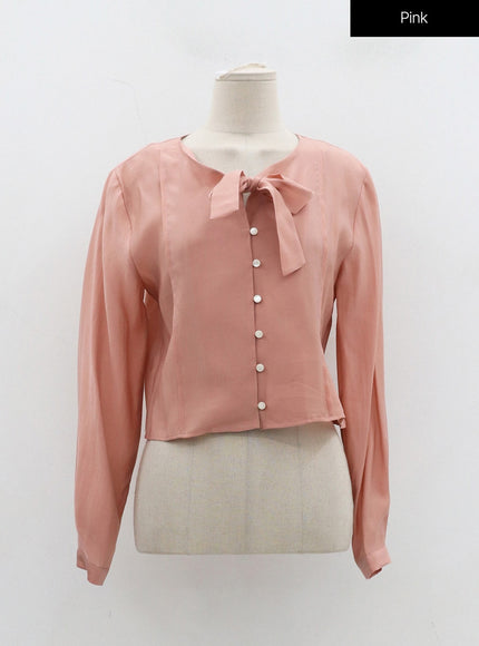 Ribbon Detail Button Cropped Blouse OJ304