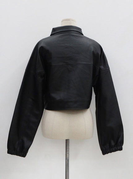 Faux Leather Button Crop Jacket OO26