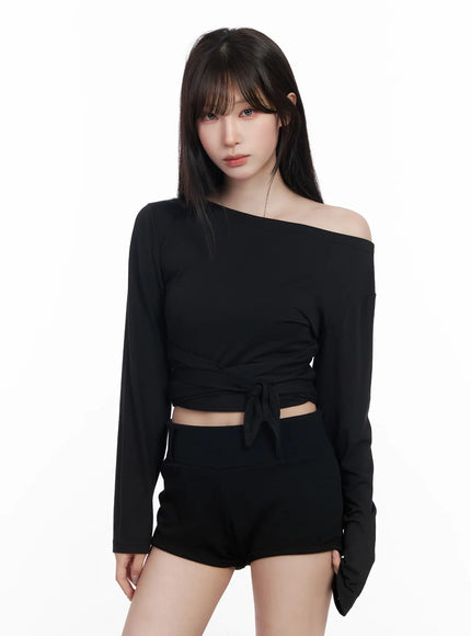 Off-Shoulder Wrap Tie Long Sleeve Top CF523