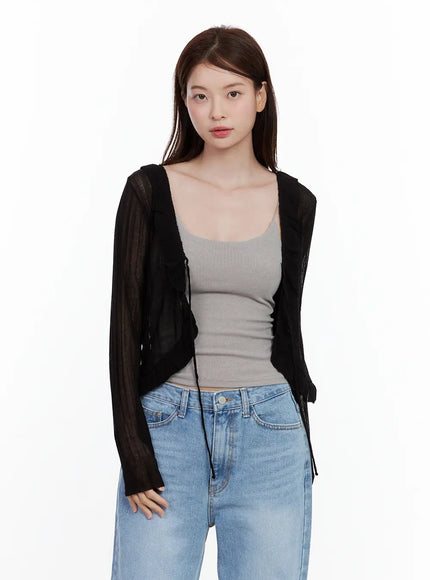 sheer-frill-tie-cardigan / Black